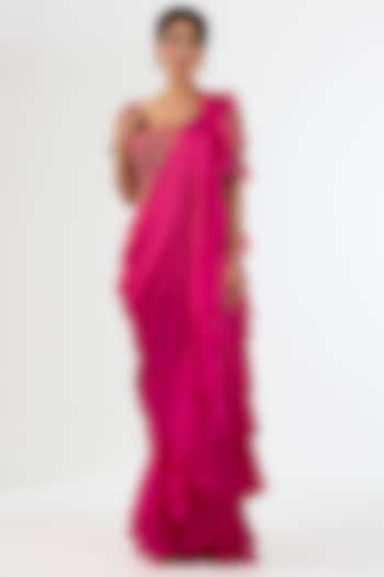 Rani Pink Satin Draped Wedding Saree Set by Pallavi Poddar (India) at Pernia's Pop Up Shop