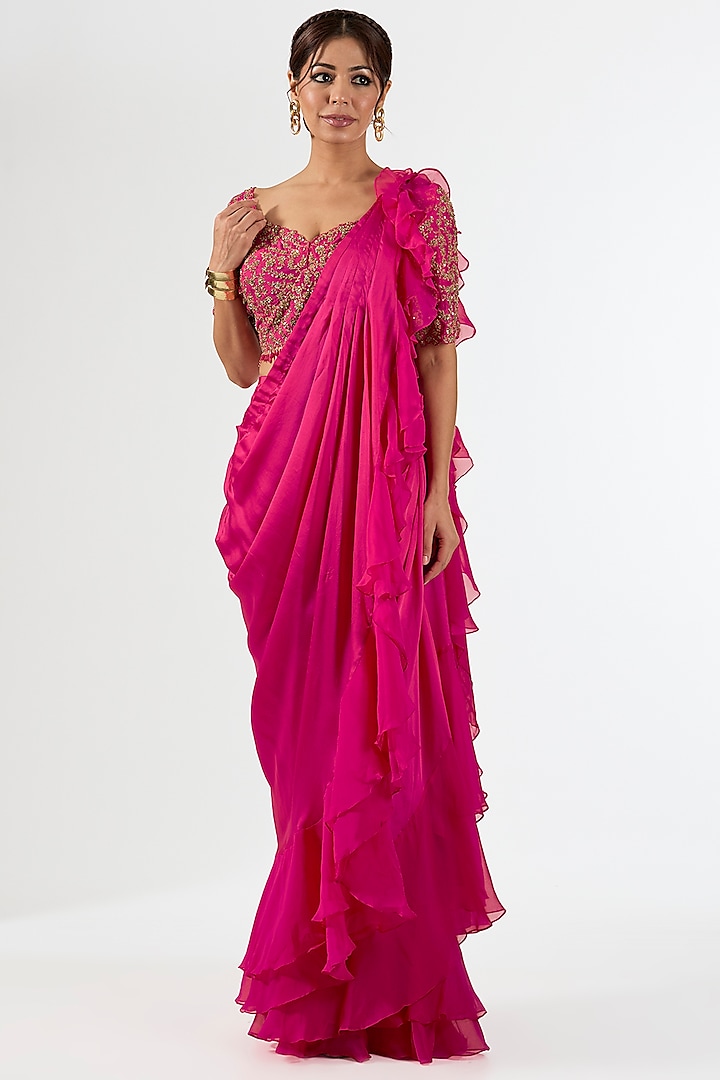 Rani Pink Satin Draped Wedding Saree Set by Pallavi Poddar (India) at Pernia's Pop Up Shop