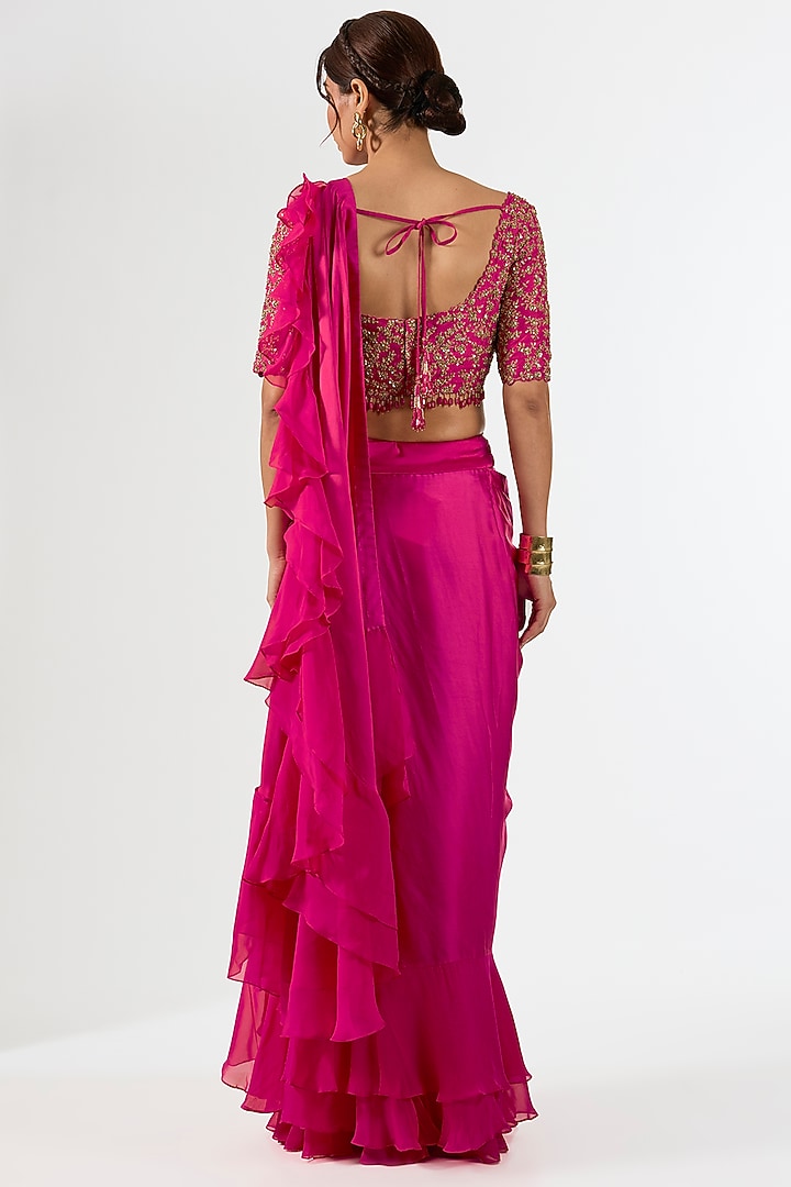 Rani Pink Satin Draped Wedding Saree Set by Pallavi Poddar (India) at Pernia's Pop Up Shop