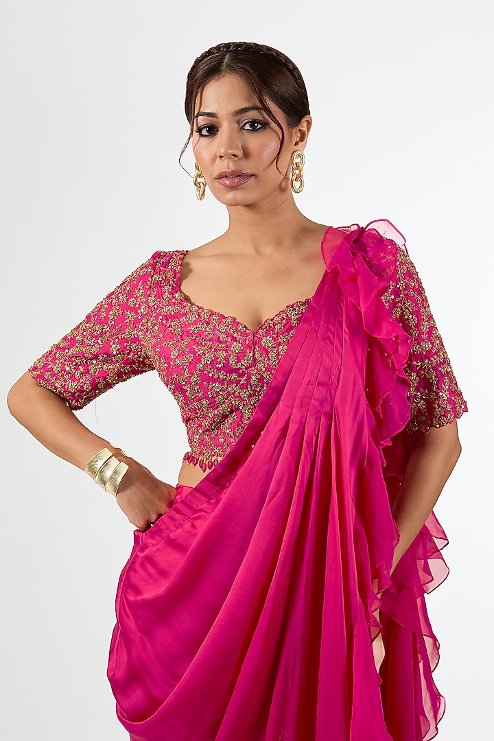 Rani Pink Satin Draped Wedding Saree Set by Pallavi Poddar (India) at Pernia's Pop Up Shop