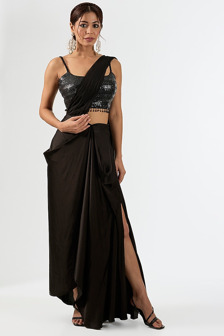 Black Satin Draped Wedding Saree Set by Pallavi Poddar (India) at Pernia's Pop Up Shop