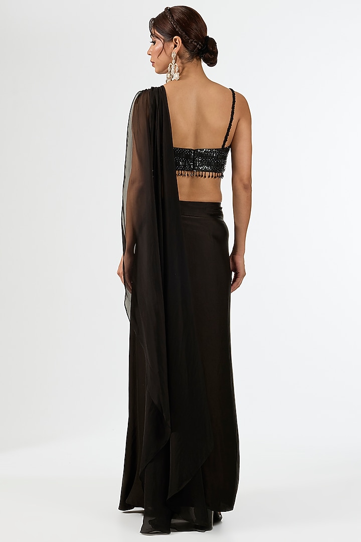 Black Satin Draped Wedding Saree Set by Pallavi Poddar (India) at Pernia's Pop Up Shop
