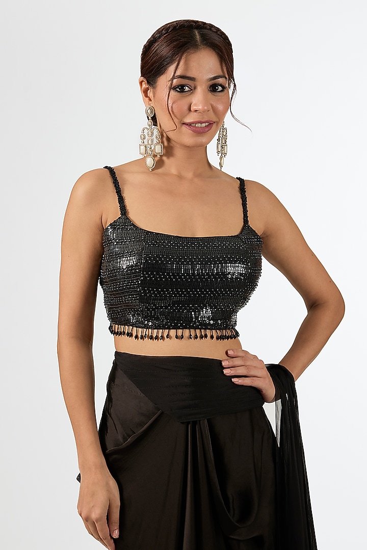 Black Satin Draped Wedding Saree Set by Pallavi Poddar (India) at Pernia's Pop Up Shop
