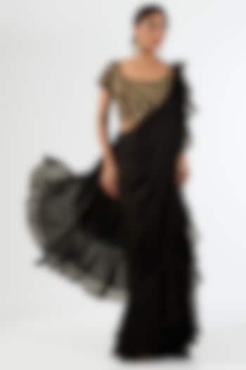 Black Satin Draped Wedding Saree Set by Pallavi Poddar (India) at Pernia's Pop Up Shop