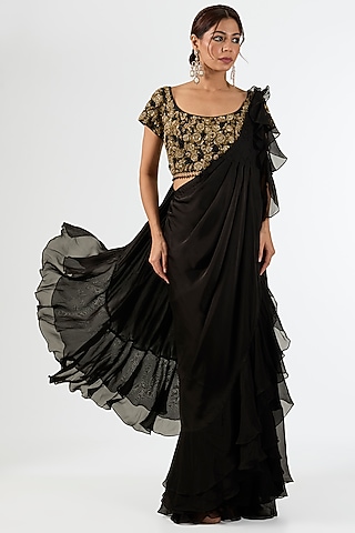 Black Satin Draped Saree Set by Pallavi Poddar (India)