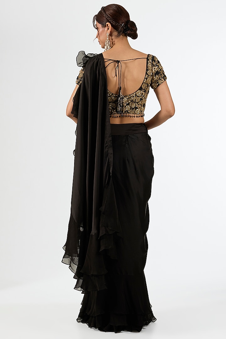 Black Satin Draped Wedding Saree Set by Pallavi Poddar (India) at Pernia's Pop Up Shop