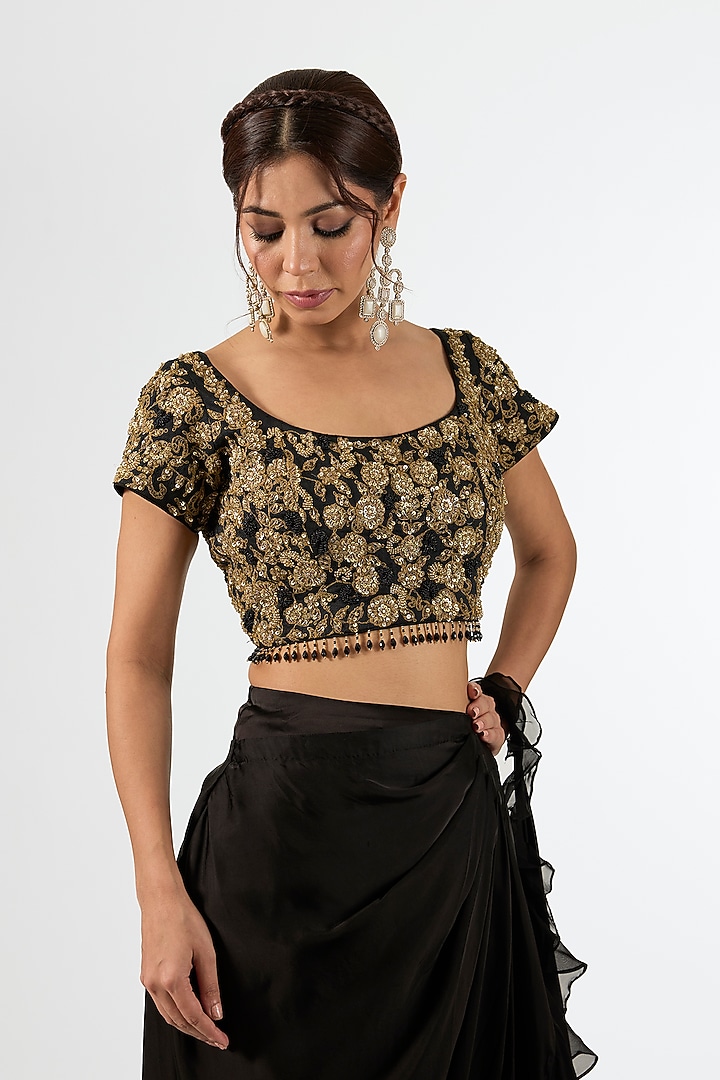 Black Satin Draped Wedding Saree Set by Pallavi Poddar (India) at Pernia's Pop Up Shop