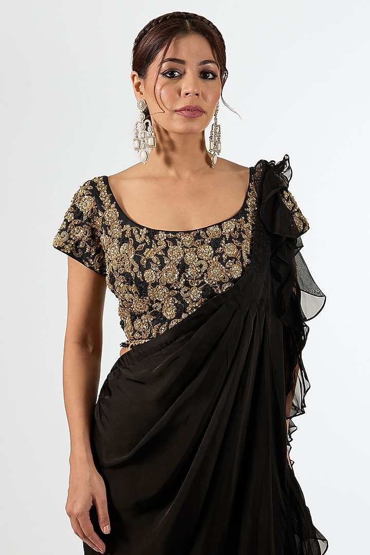 Black Satin Draped Wedding Saree Set by Pallavi Poddar (India) at Pernia's Pop Up Shop