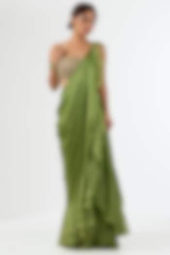 Green Satin Draped Wedding Saree Set by Pallavi Poddar (India) at Pernia's Pop Up Shop