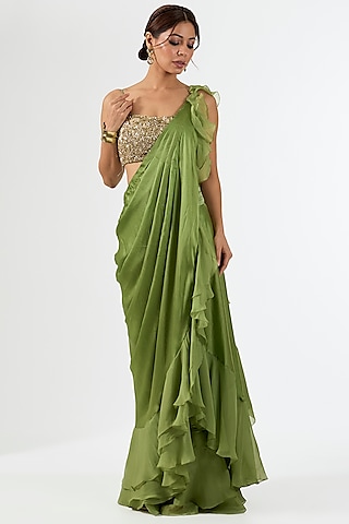 Green Satin Draped Saree Set by Pallavi Poddar (India)