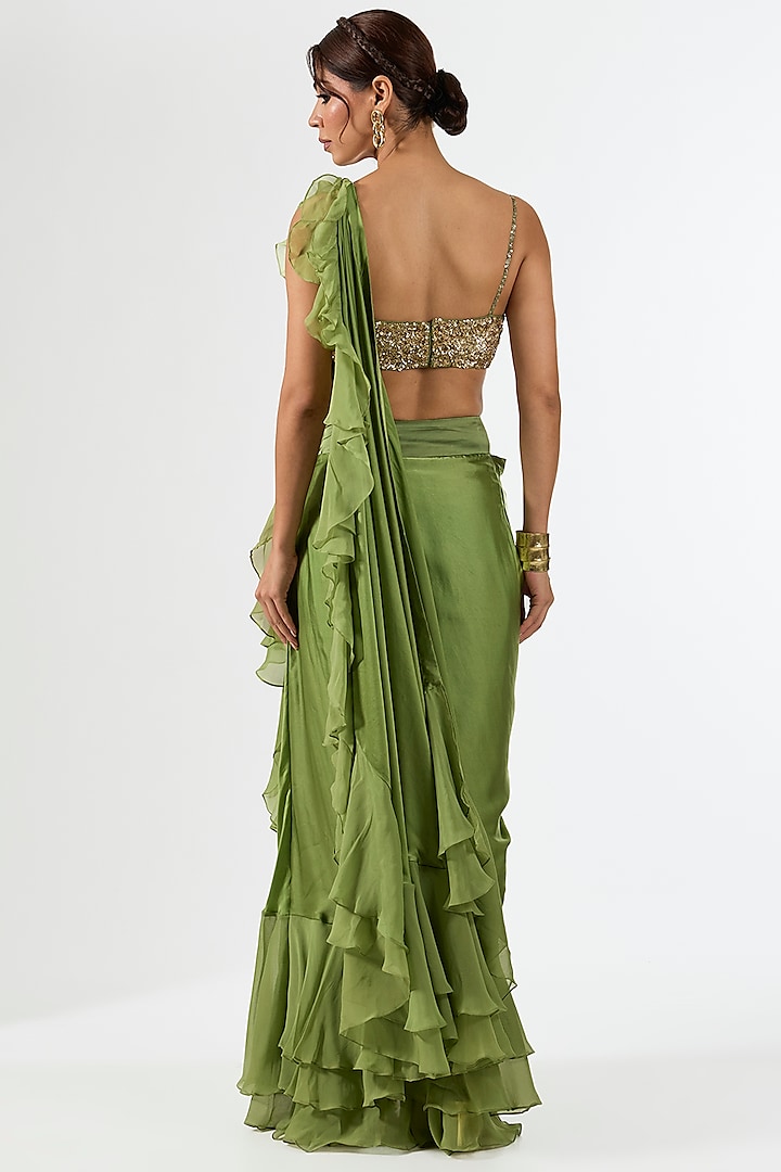 Green Satin Draped Wedding Saree Set by Pallavi Poddar (India) at Pernia's Pop Up Shop