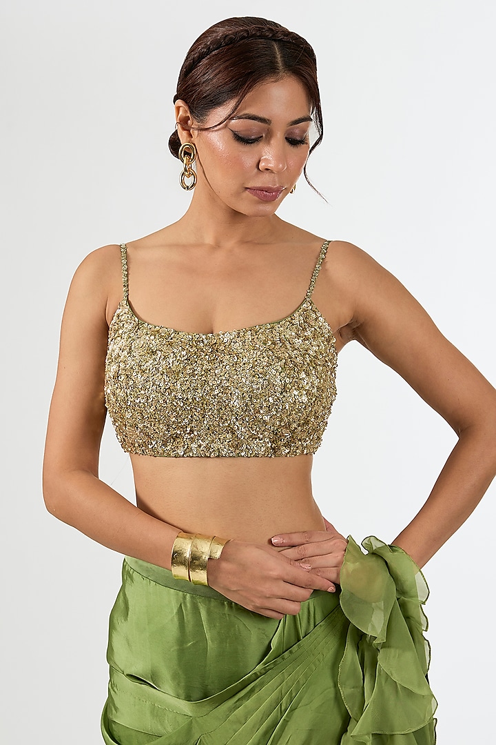 Green Satin Draped Wedding Saree Set by Pallavi Poddar (India) at Pernia's Pop Up Shop