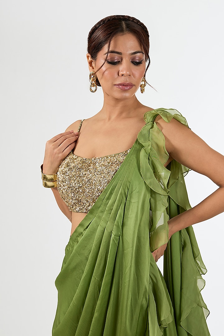 Green Satin Draped Wedding Saree Set by Pallavi Poddar (India) at Pernia's Pop Up Shop
