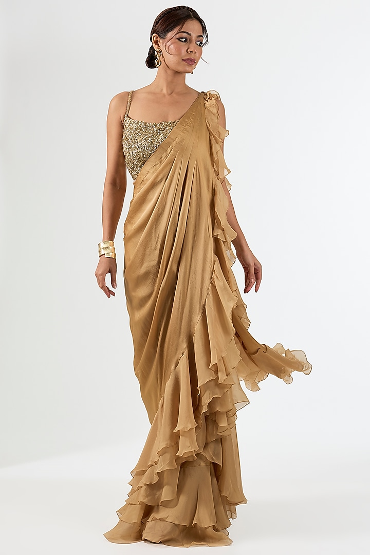 Beige Satin Draped Wedding Saree Set by Pallavi Poddar (India) at Pernia's Pop Up Shop