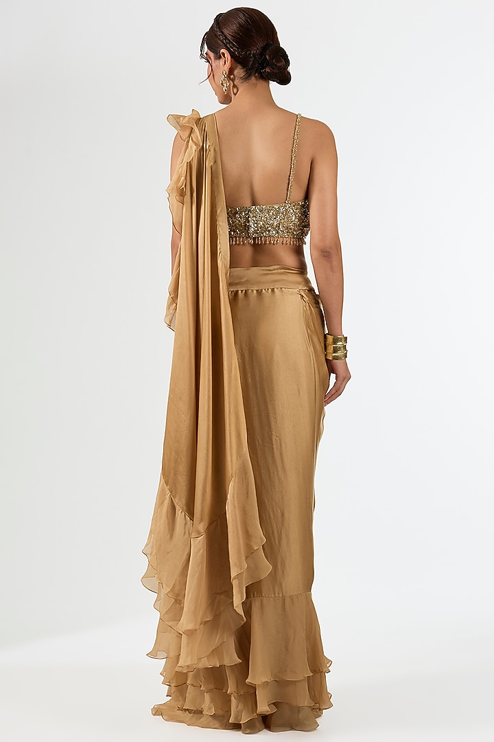 Beige Satin Draped Wedding Saree Set by Pallavi Poddar (India) at Pernia's Pop Up Shop