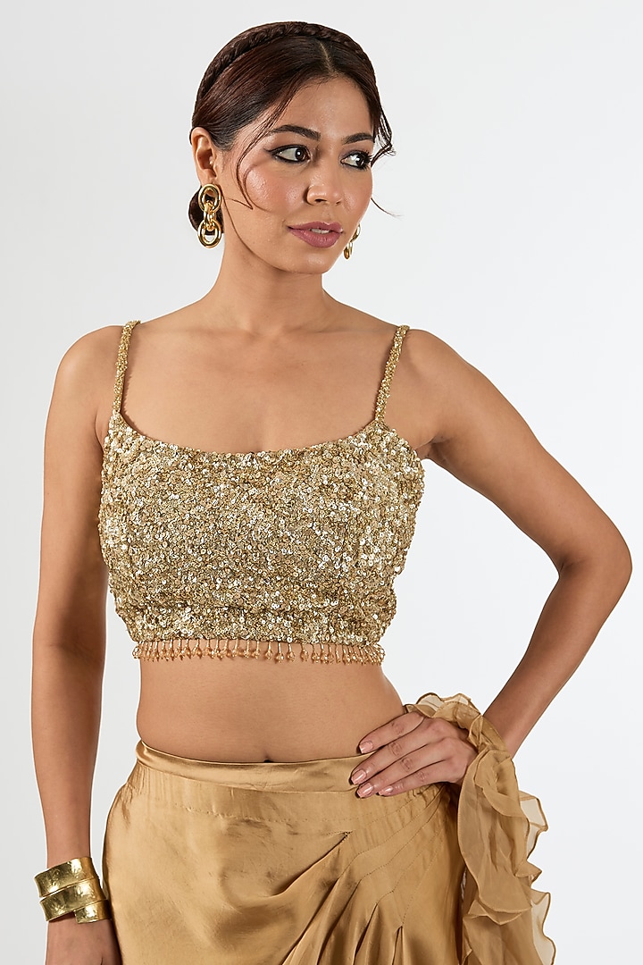 Beige Satin Draped Wedding Saree Set by Pallavi Poddar (India) at Pernia's Pop Up Shop