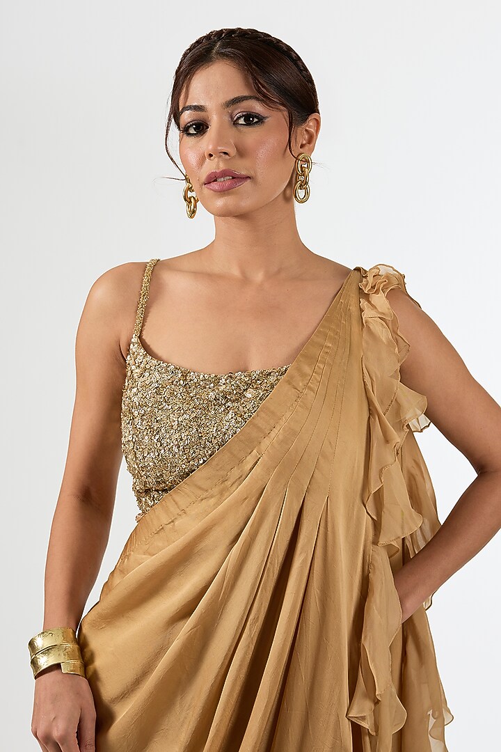 Beige Satin Draped Wedding Saree Set by Pallavi Poddar (India) at Pernia's Pop Up Shop