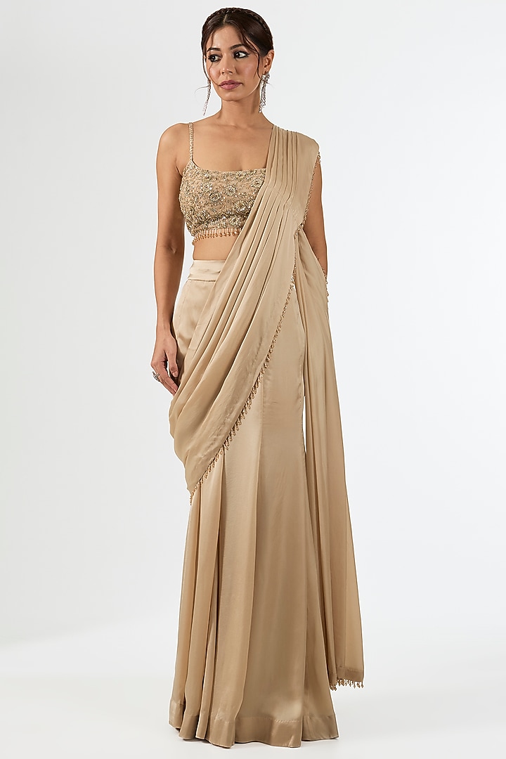 Gold Satin Draped Wedding Saree Set by Pallavi Poddar (India) at Pernia's Pop Up Shop