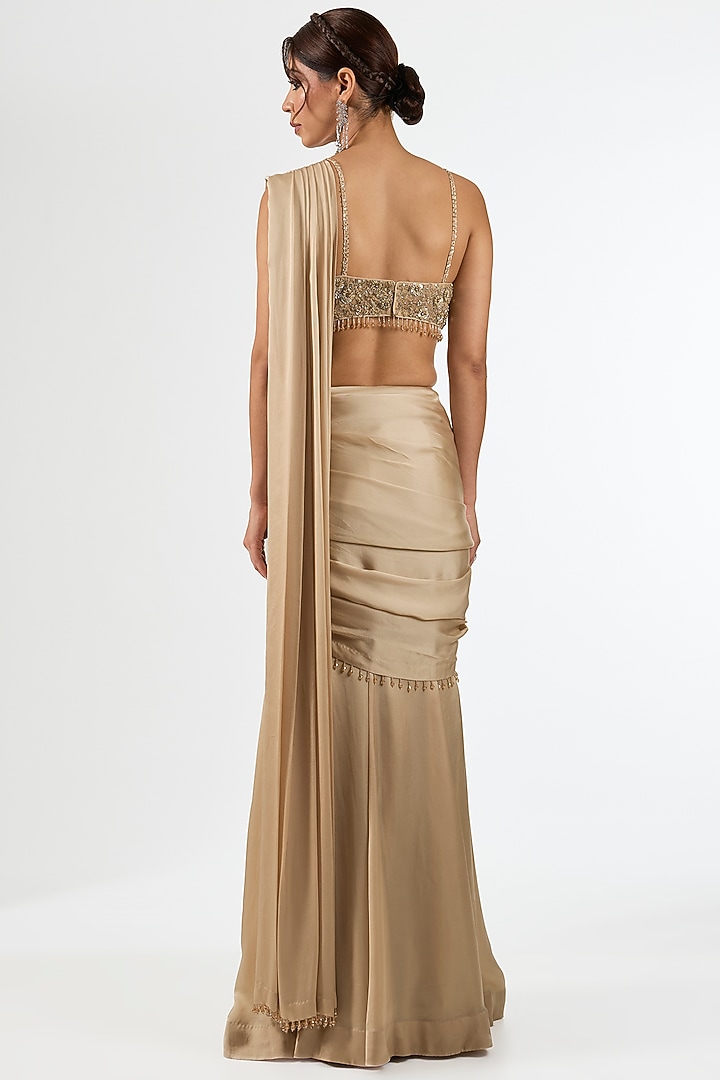 Gold Satin Draped Wedding Saree Set by Pallavi Poddar (India) at Pernia's Pop Up Shop