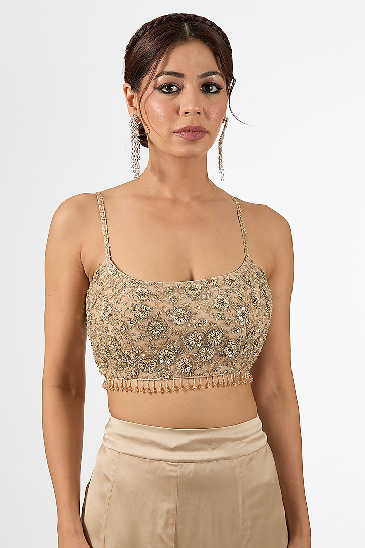 Gold Satin Draped Wedding Saree Set by Pallavi Poddar (India) at Pernia's Pop Up Shop