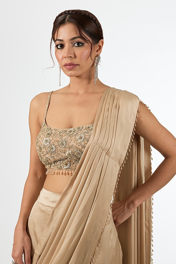 Gold Satin Draped Wedding Saree Set by Pallavi Poddar (India) at Pernia's Pop Up Shop