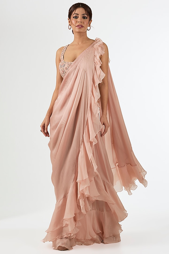 Pink Satin Draped Wedding Saree Set by Pallavi Poddar (India) at Pernia's Pop Up Shop