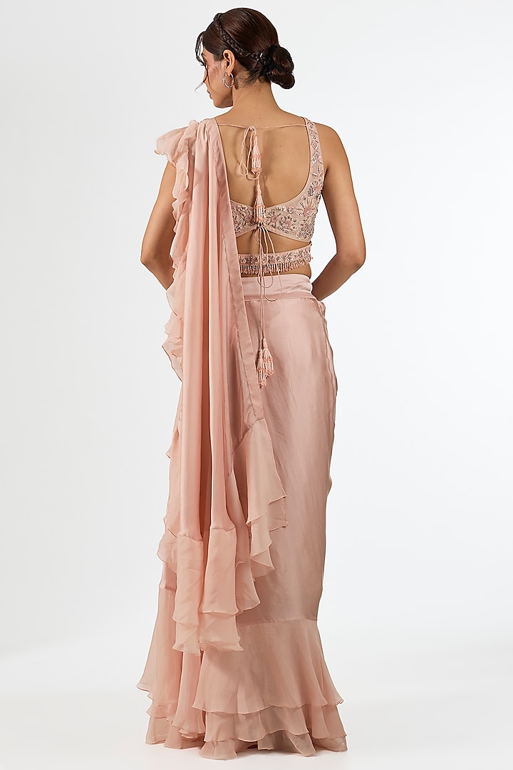 Pink Satin Draped Wedding Saree Set by Pallavi Poddar (India) at Pernia's Pop Up Shop