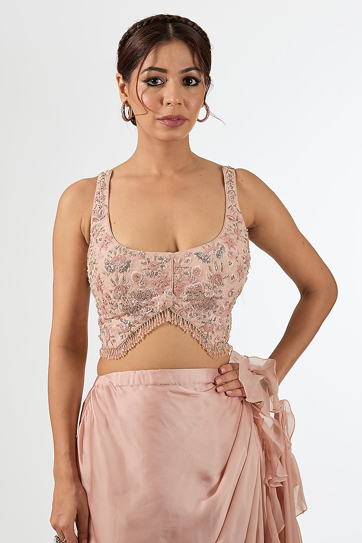 Pink Satin Draped Wedding Saree Set by Pallavi Poddar (India) at Pernia's Pop Up Shop