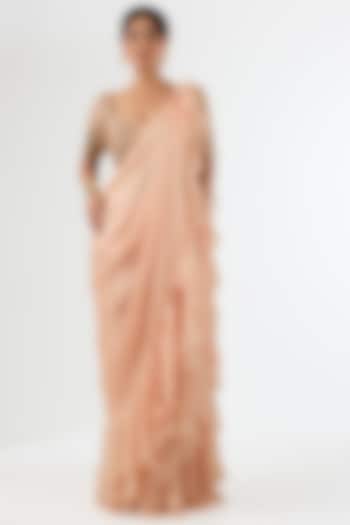 Pink Satin Draped Wedding Saree Set by Pallavi Poddar (India) at Pernia's Pop Up Shop