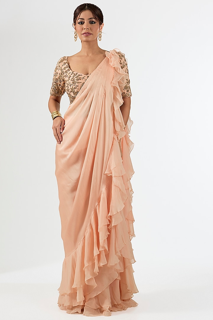 Pink Satin Draped Wedding Saree Set by Pallavi Poddar (India) at Pernia's Pop Up Shop