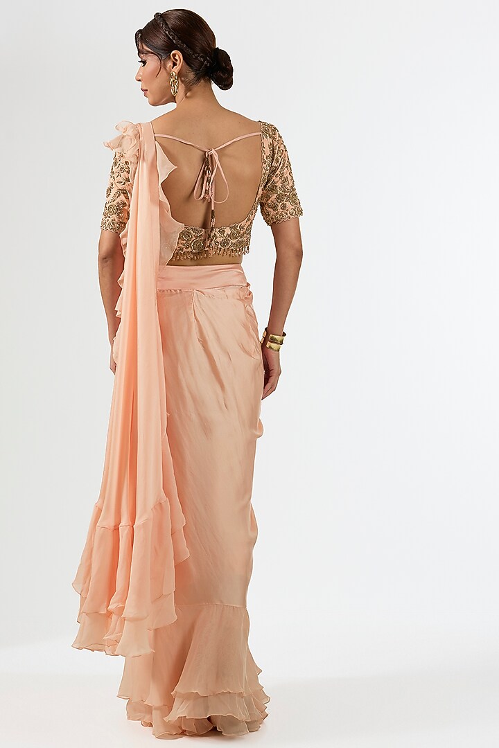 Pink Satin Draped Wedding Saree Set by Pallavi Poddar (India) at Pernia's Pop Up Shop