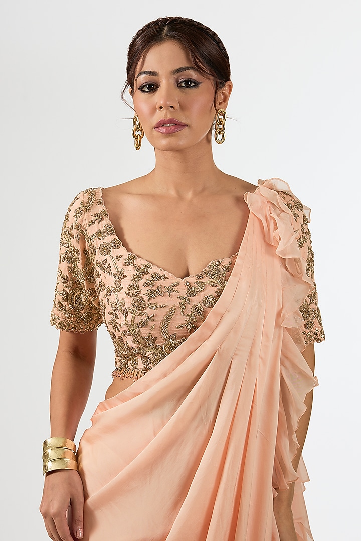 Pink Satin Draped Wedding Saree Set by Pallavi Poddar (India) at Pernia's Pop Up Shop