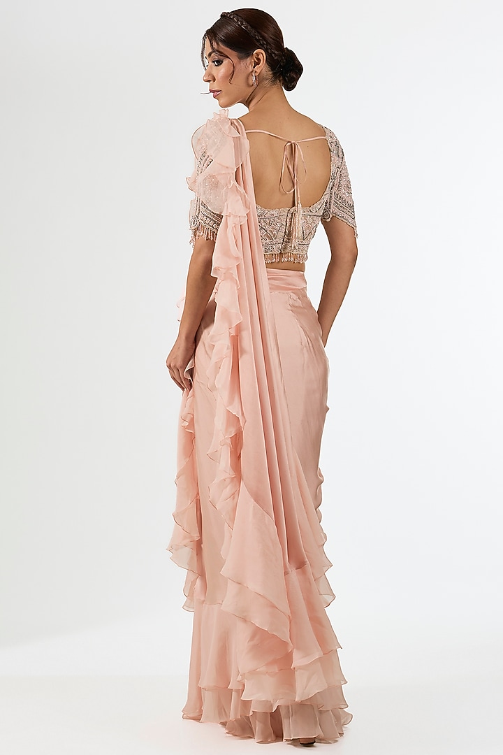 Pink Satin Draped Wedding Saree Set by Pallavi Poddar (India) at Pernia's Pop Up Shop