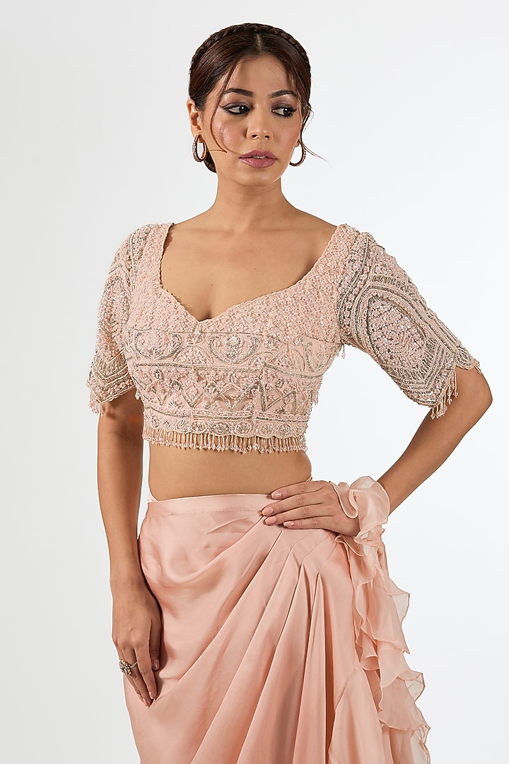 Pink Satin Draped Wedding Saree Set by Pallavi Poddar (India) at Pernia's Pop Up Shop