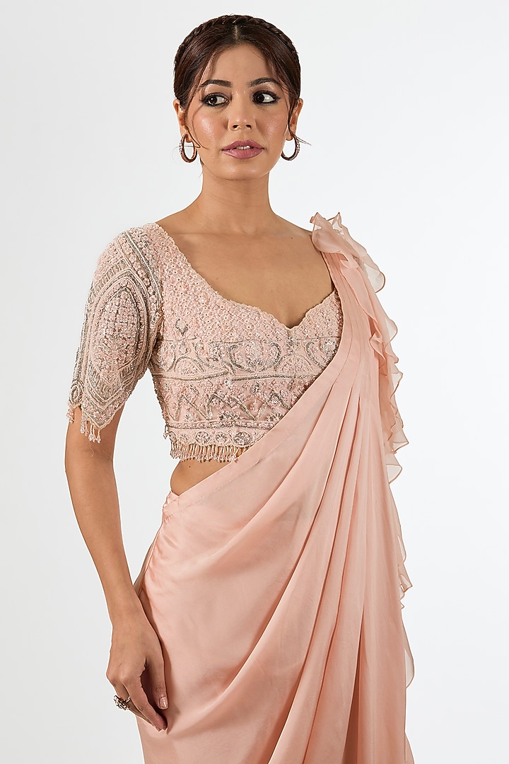 Pink Satin Draped Wedding Saree Set by Pallavi Poddar (India) at Pernia's Pop Up Shop