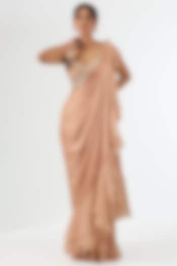 Peach Satin Organza Draped Wedding Saree Set by Pallavi Poddar (India) at Pernia's Pop Up Shop