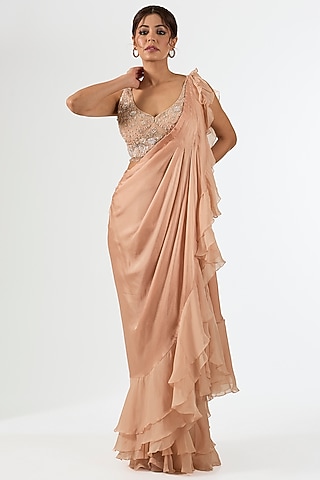 Peach Satin Organza Draped Saree Set by Pallavi Poddar (India)