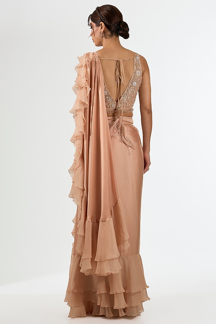 Peach Satin Organza Draped Wedding Saree Set by Pallavi Poddar (India) at Pernia's Pop Up Shop