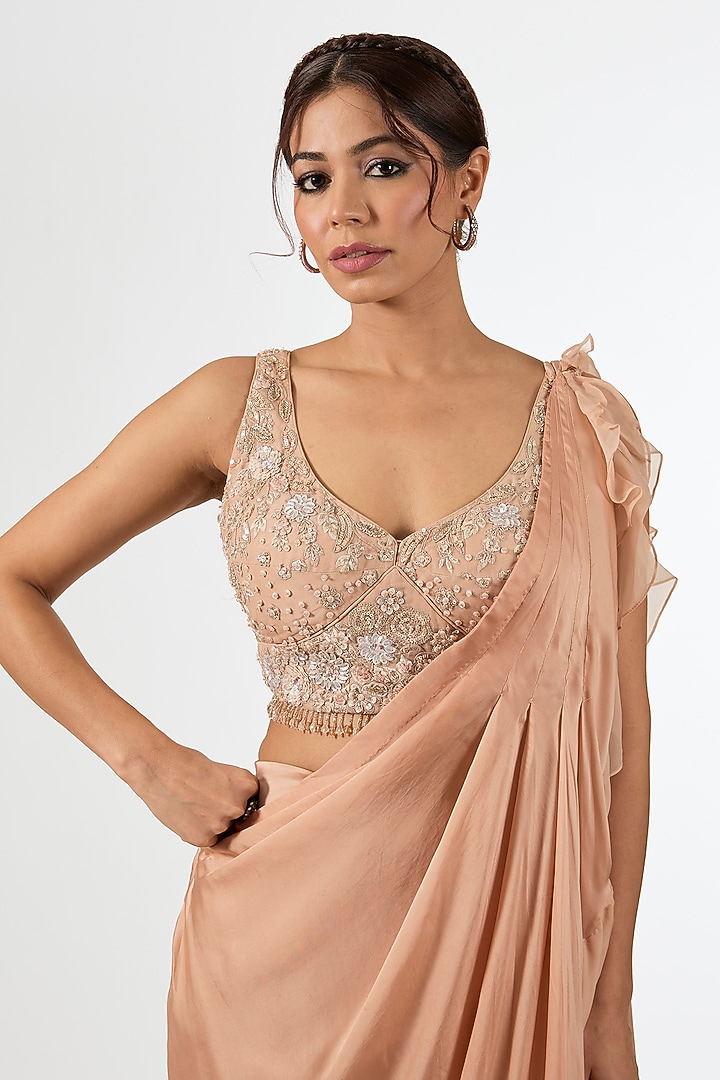 Peach Satin Organza Draped Wedding Saree Set by Pallavi Poddar (India) at Pernia's Pop Up Shop