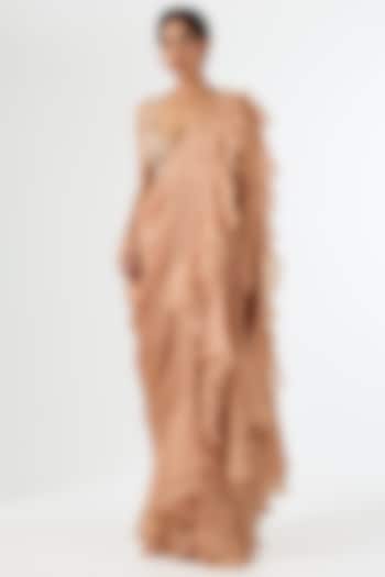 Peach Satin Organza Draped Wedding Saree Set by Pallavi Poddar (India) at Pernia's Pop Up Shop