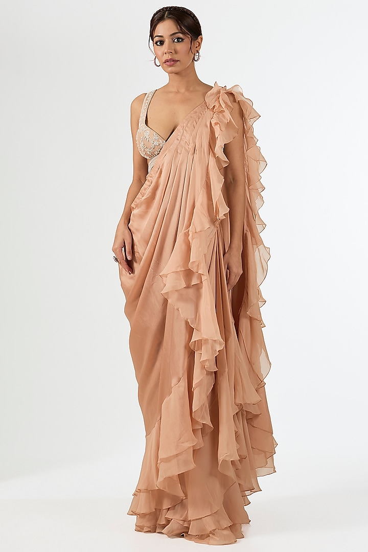 Peach Satin Organza Draped Wedding Saree Set by Pallavi Poddar (India) at Pernia's Pop Up Shop
