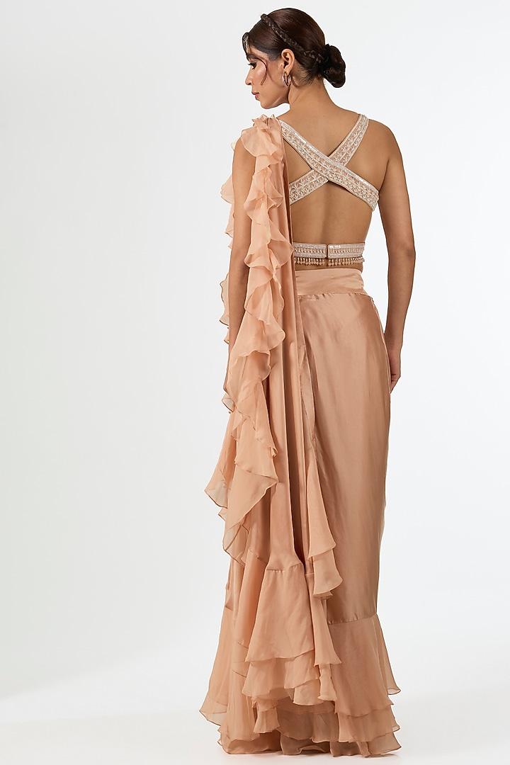 Peach Satin Organza Draped Wedding Saree Set by Pallavi Poddar (India) at Pernia's Pop Up Shop