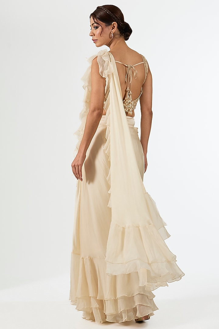 Ivory Satin Draped Wedding Saree Set by Pallavi Poddar (India) at Pernia's Pop Up Shop