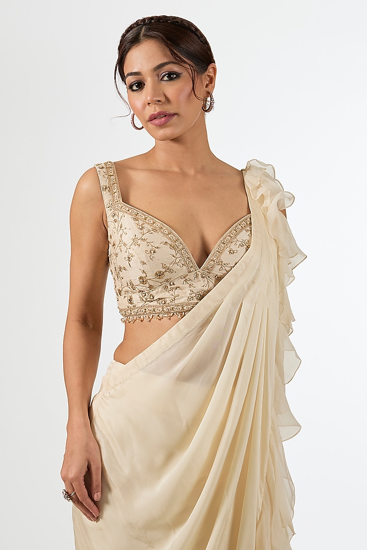 Ivory Satin Draped Wedding Saree Set by Pallavi Poddar (India) at Pernia's Pop Up Shop