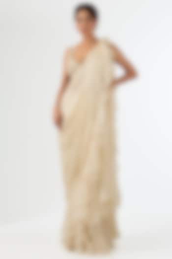 Ivory Satin Draped Wedding Saree Set by Pallavi Poddar (India) at Pernia's Pop Up Shop