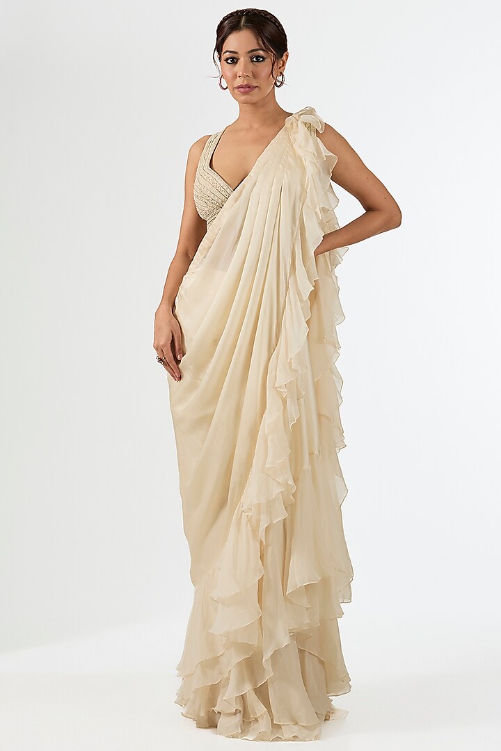 Ivory Satin Draped Wedding Saree Set by Pallavi Poddar (India) at Pernia's Pop Up Shop