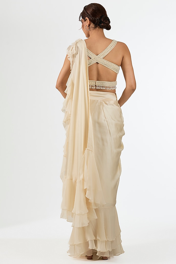 Ivory Satin Draped Wedding Saree Set by Pallavi Poddar (India) at Pernia's Pop Up Shop