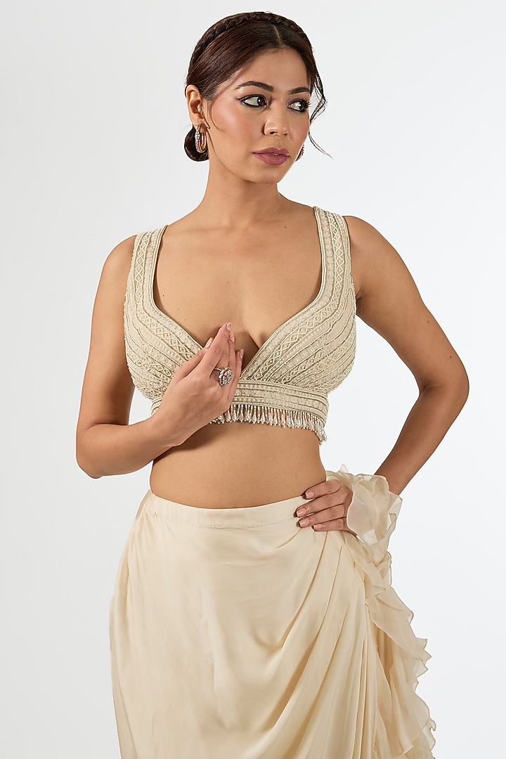 Ivory Satin Draped Wedding Saree Set by Pallavi Poddar (India) at Pernia's Pop Up Shop