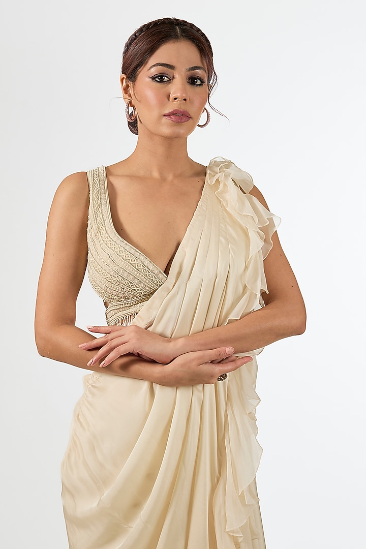 Ivory Satin Draped Wedding Saree Set by Pallavi Poddar (India) at Pernia's Pop Up Shop