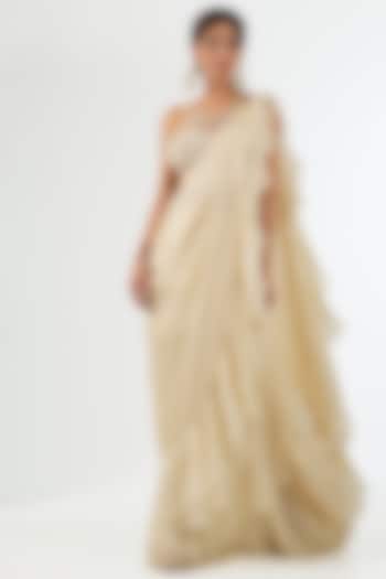 Ivory Satin Organza Draped Wedding Saree Set by Pallavi Poddar (India) at Pernia's Pop Up Shop